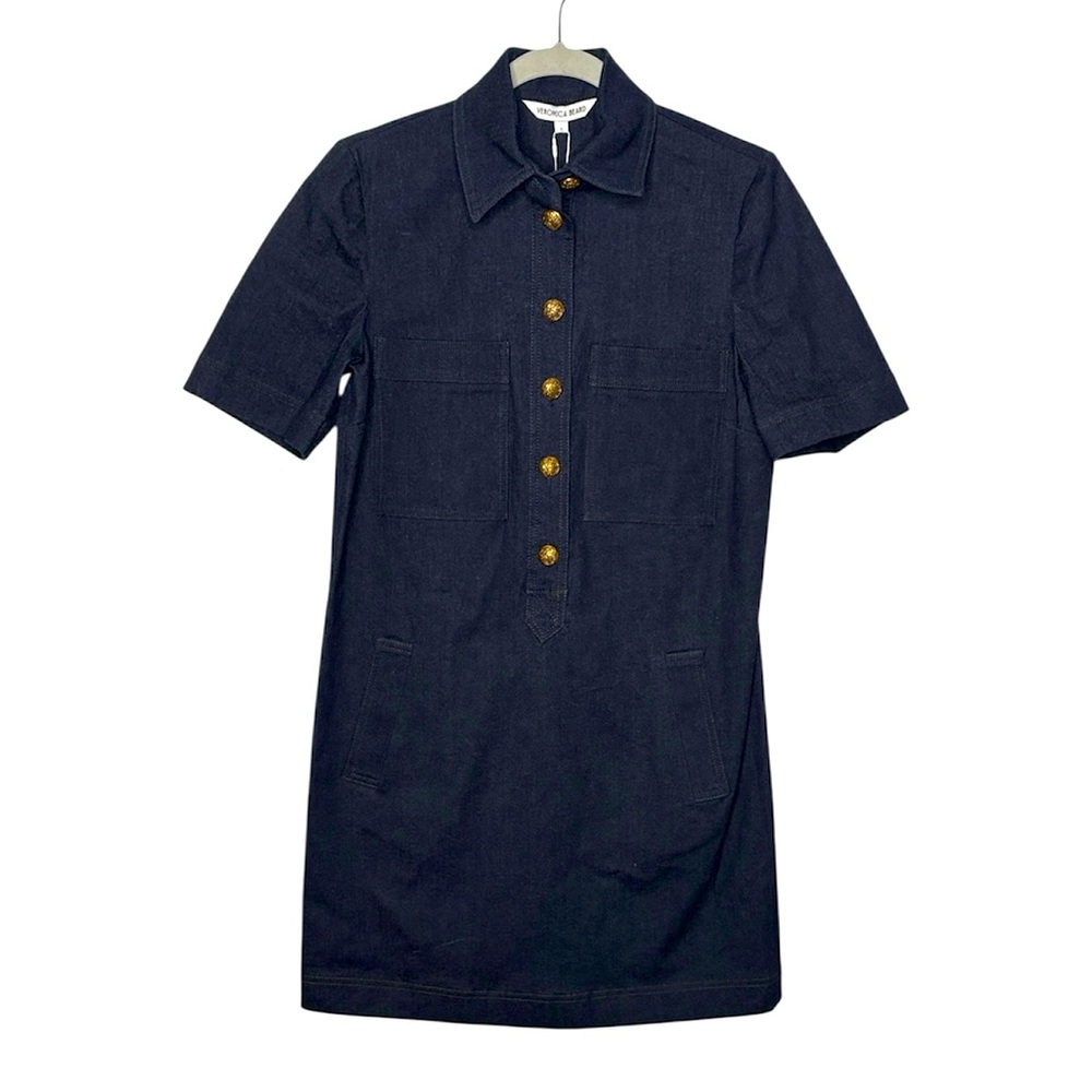 Veronica Beard Women's Dark Wash Denim Mini Dress Gold Buttons Detail size 2